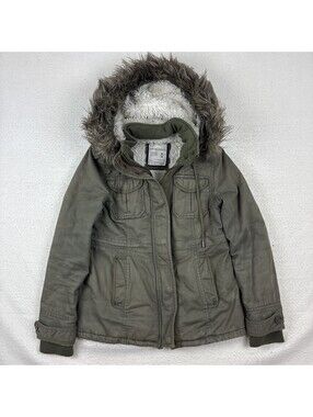 Vintage Aeropostale Faux Fur Lined Jacket Women’s Medium Hooded Green Y2K